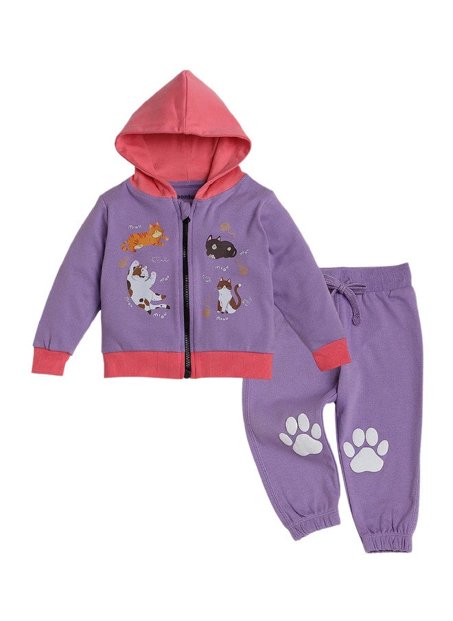 BONTOTS Infant Girls Cat Printed Organic Cotton Zipper Hoodie and Jogger Set - Image 1